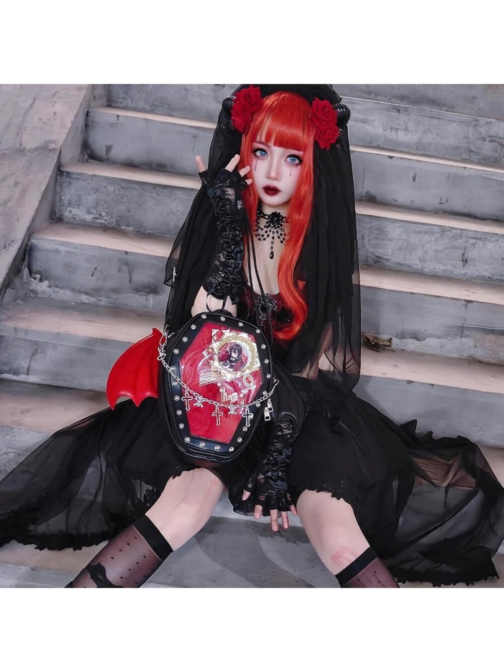 Women’s Black Red Wing Gothic Coffin Purse Halloween PIN Imported Backpack Bag - Picture 2 of 7